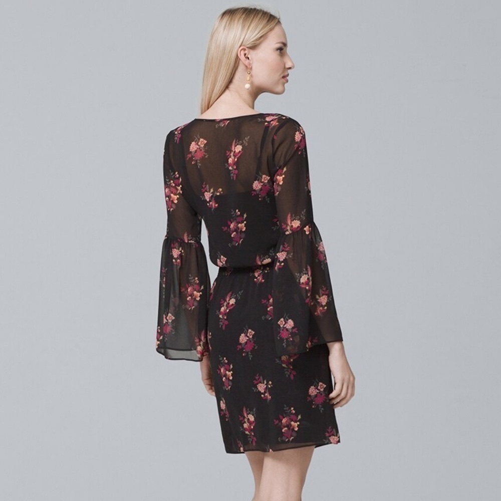 White House Black Market Bell Sleeve Floral Print Dress Black & Pink Small - Picture 12 of 13